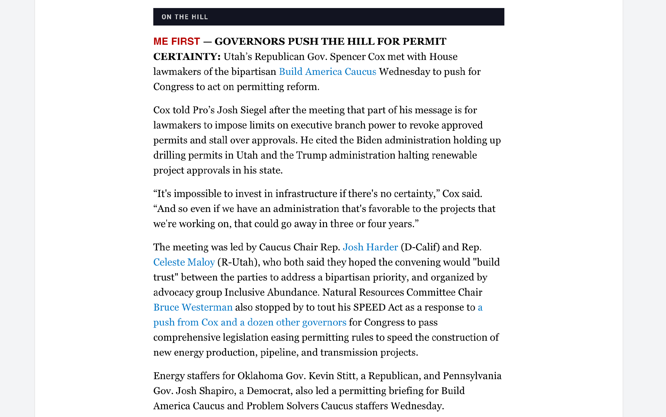 Morning Energy: Governors Push the Hill For Permit Certainty