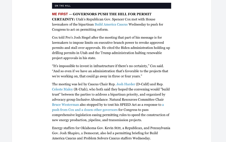 Morning Energy: Governors Push the Hill For Permit Certainty